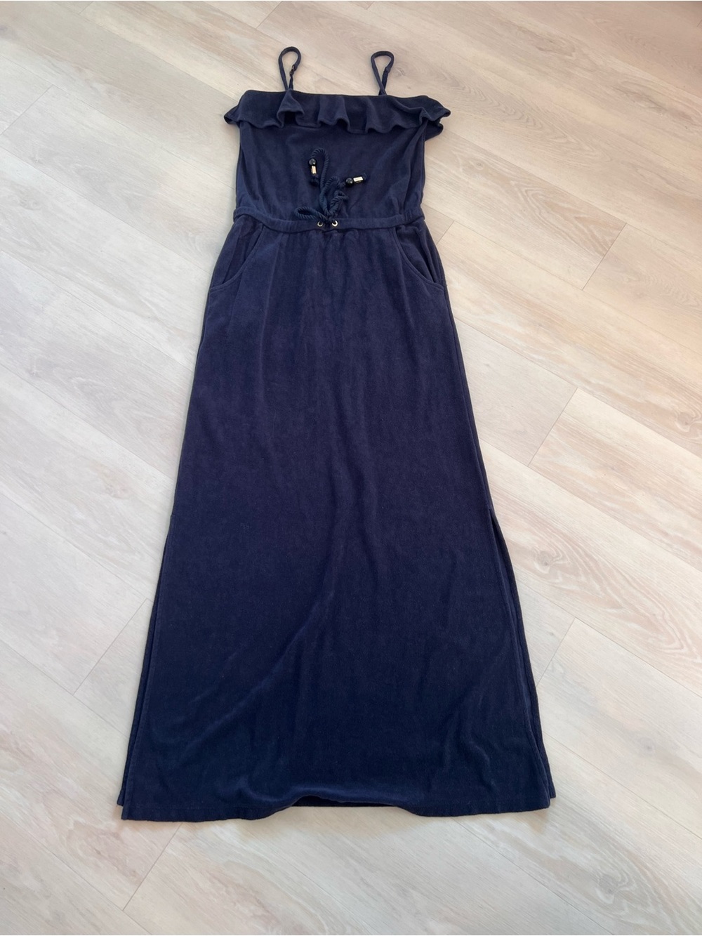 Juicy Couture Navy Terry Maxi-Dress Drawstring Waist & Side Splits & Rem. Straps